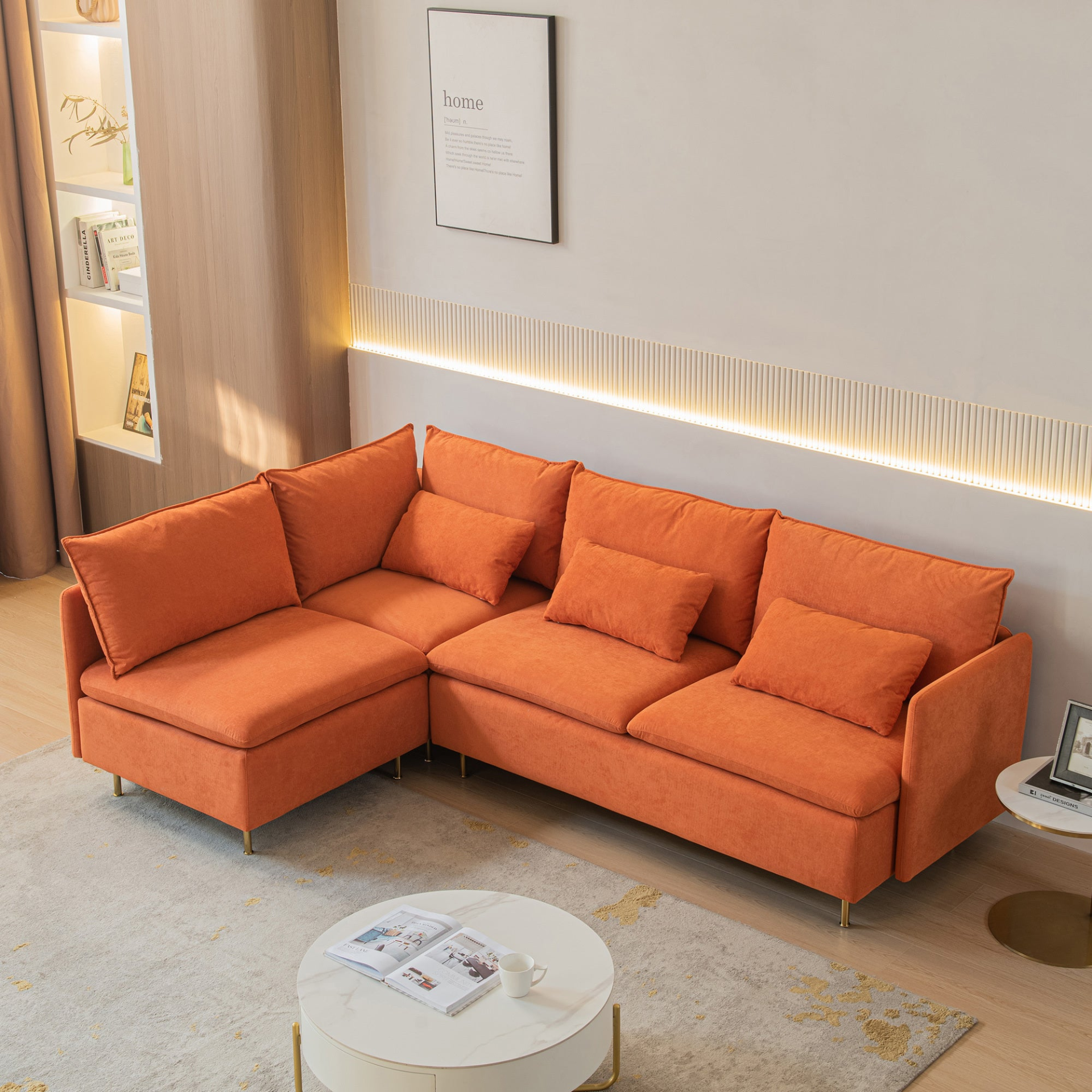 Modular L-shaped Corner Sofa, Left Hand Sectional Couch | Orange Cotton Linen-90.9'' Sensual Secret Boutique