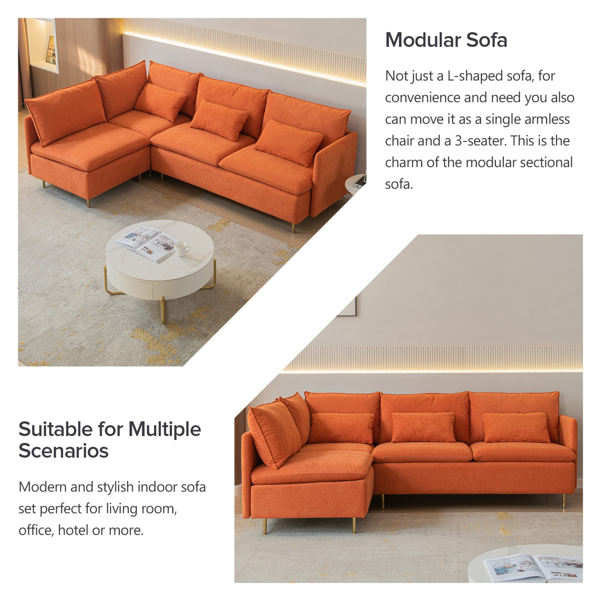 Modular L-shaped Corner Sofa, Left Hand Sectional Couch | Orange Cotton Linen-90.9'' Sensual Secret Boutique