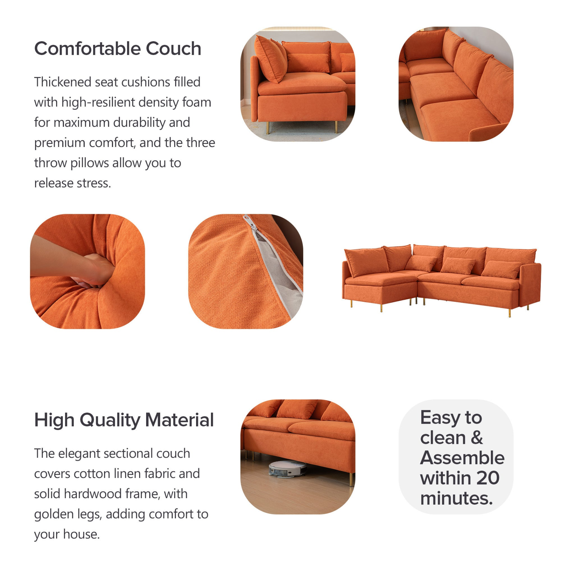 Modular L-shaped Corner Sofa, Left Hand Sectional Couch | Orange Cotton Linen-90.9'' Sensual Secret Boutique