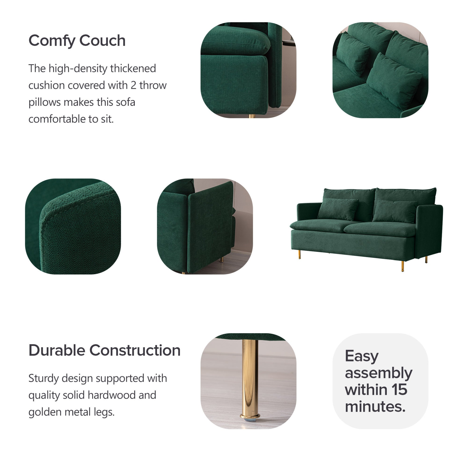 Modern Upholstered Loveseat Sofa - Emerald Cotton Linen (63.8") Sensual Secret Boutique